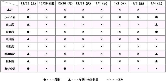 年末年始営業のお知らせ